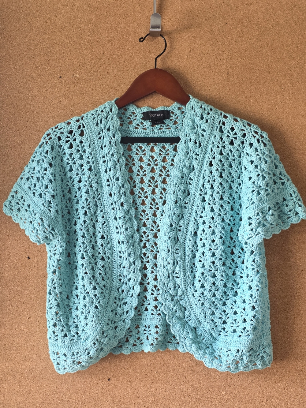 Karen Kane Turquoise Green Open Knit 100% Cotton Cardigan Sweater L Cropped